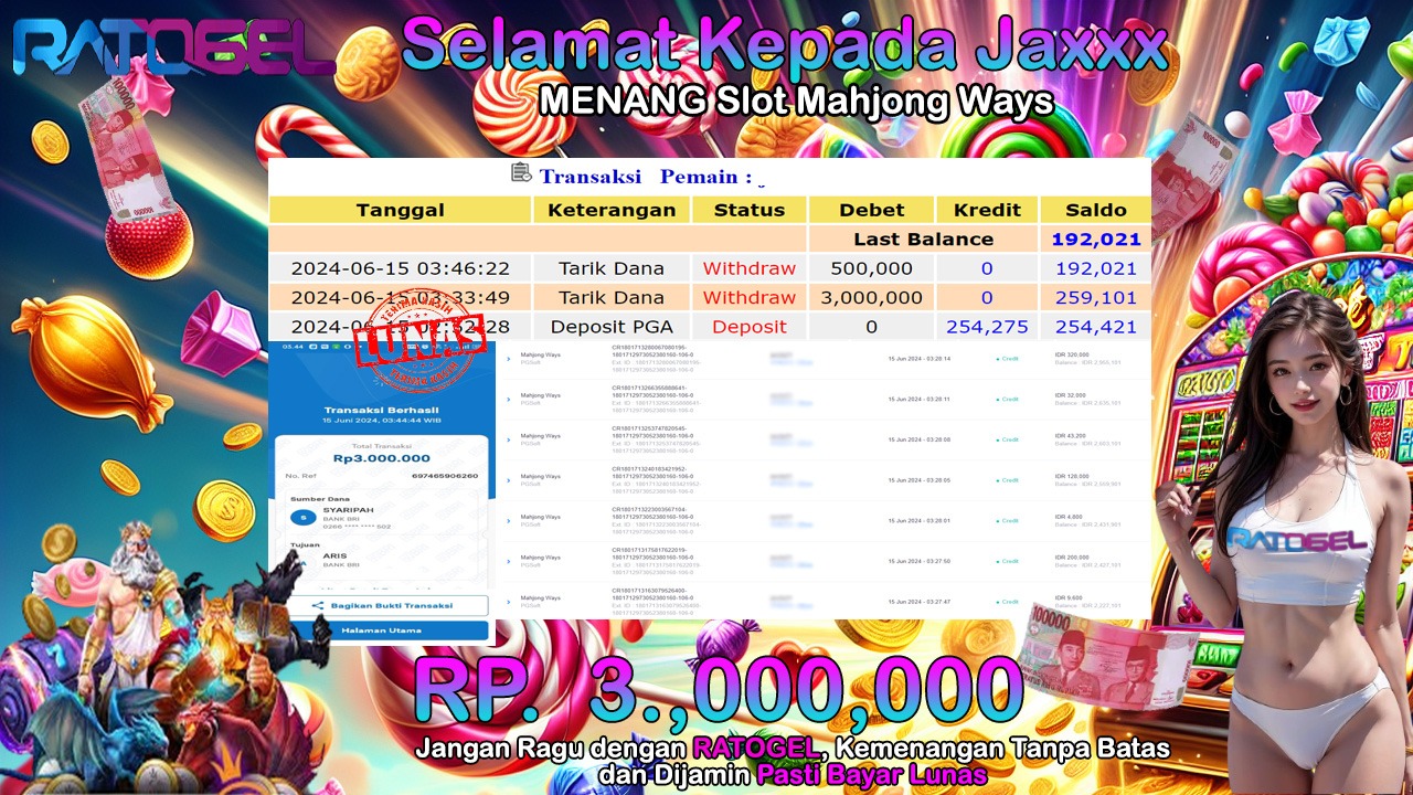 BUKTI JACKPOT SLOT MAHJONG WAYS TERPERCAYA DI INDONESIA tgl 15-06-2024