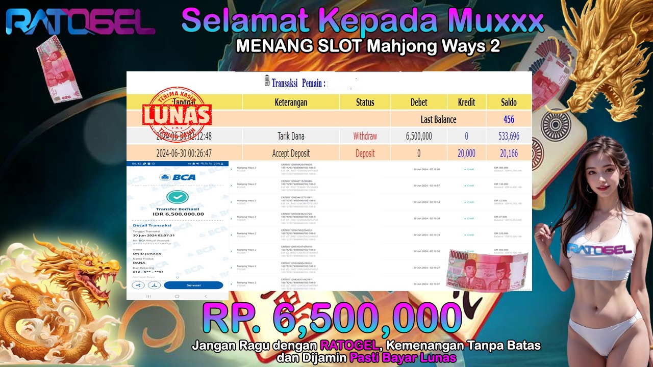 BUKTI JACKPOT SLOT MAHJONG WAYS 2 TERPERCAYA DI INDONESIA TGL 30-06-2024