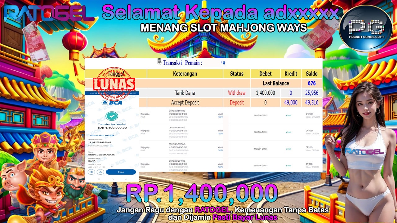 BUKTI JACKPOT SLOT MAHJONG WAYS TERPERCAYA DI INDONESIA TGL 14-07-2024