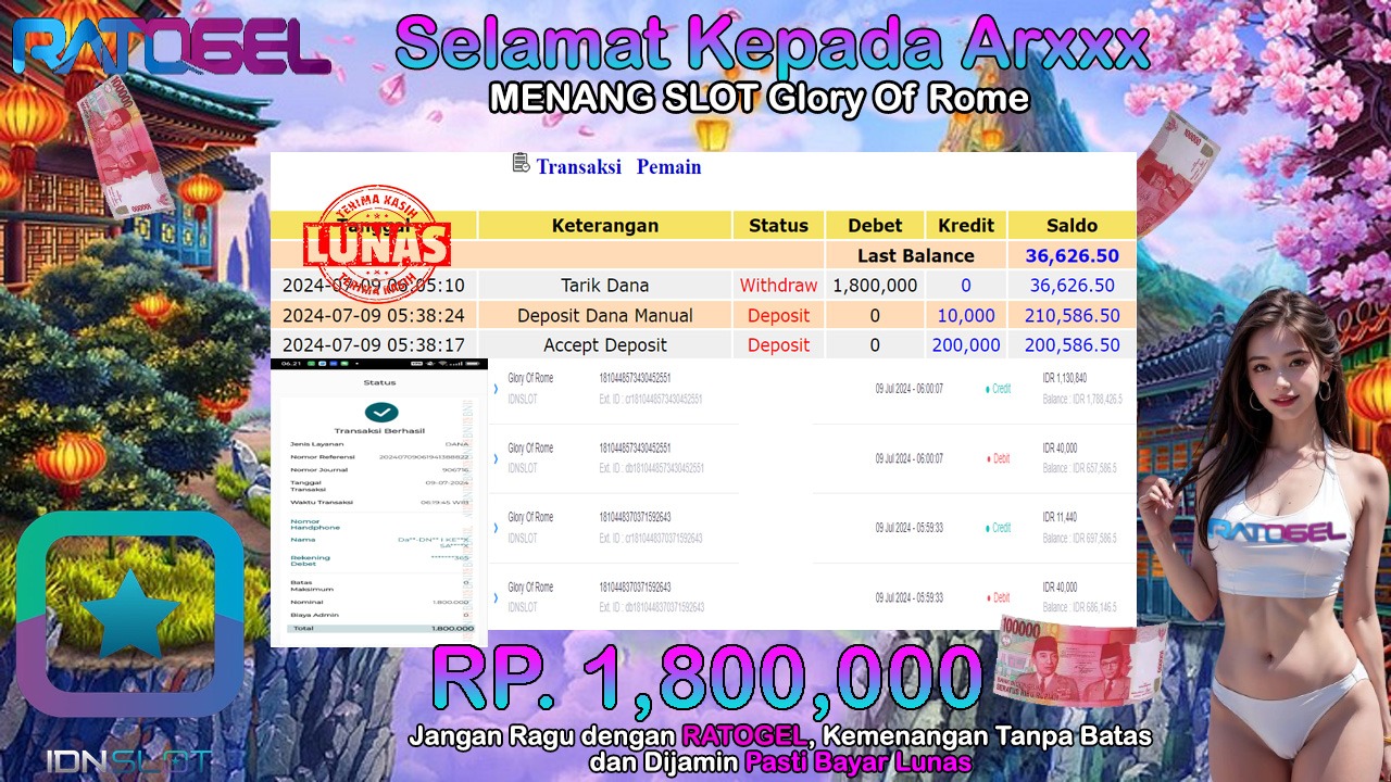 BUKTI JACKPOT SLOT GLORY OF ROME TERPERCAYA DI INDONESIA TGL 09-07-2024