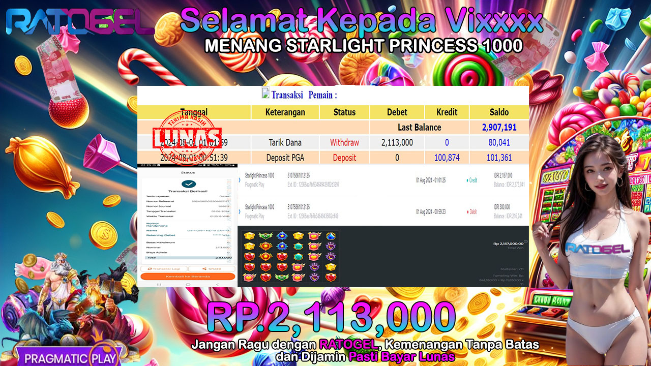 BUKTI JACKPOT SLOT STARLIGHT PRINCESS 1000 TERPERCAYA DI INDONESIA TGL 01-08-2024