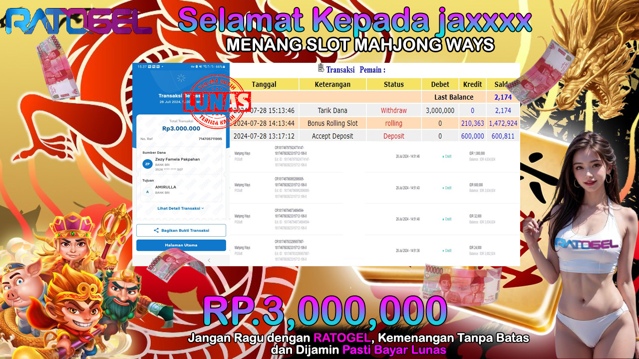 BUKTI JACKPOT SLOT MAHJONG WAYS  TERPERCAYA DI INDONESIA TGL 28-07-2024