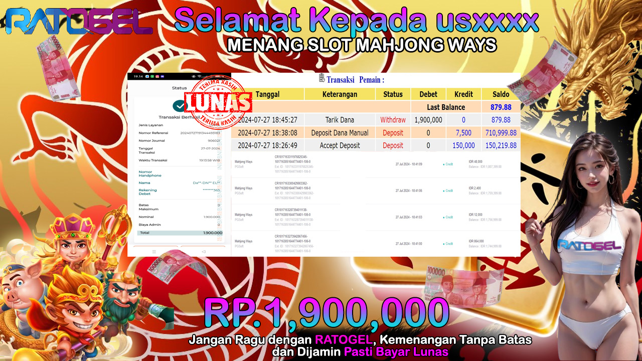 BUKTI JACKPOT SLOT MAHJONG WAYS TERPERCAYA DI INDONESIA TGL 27-07-2024