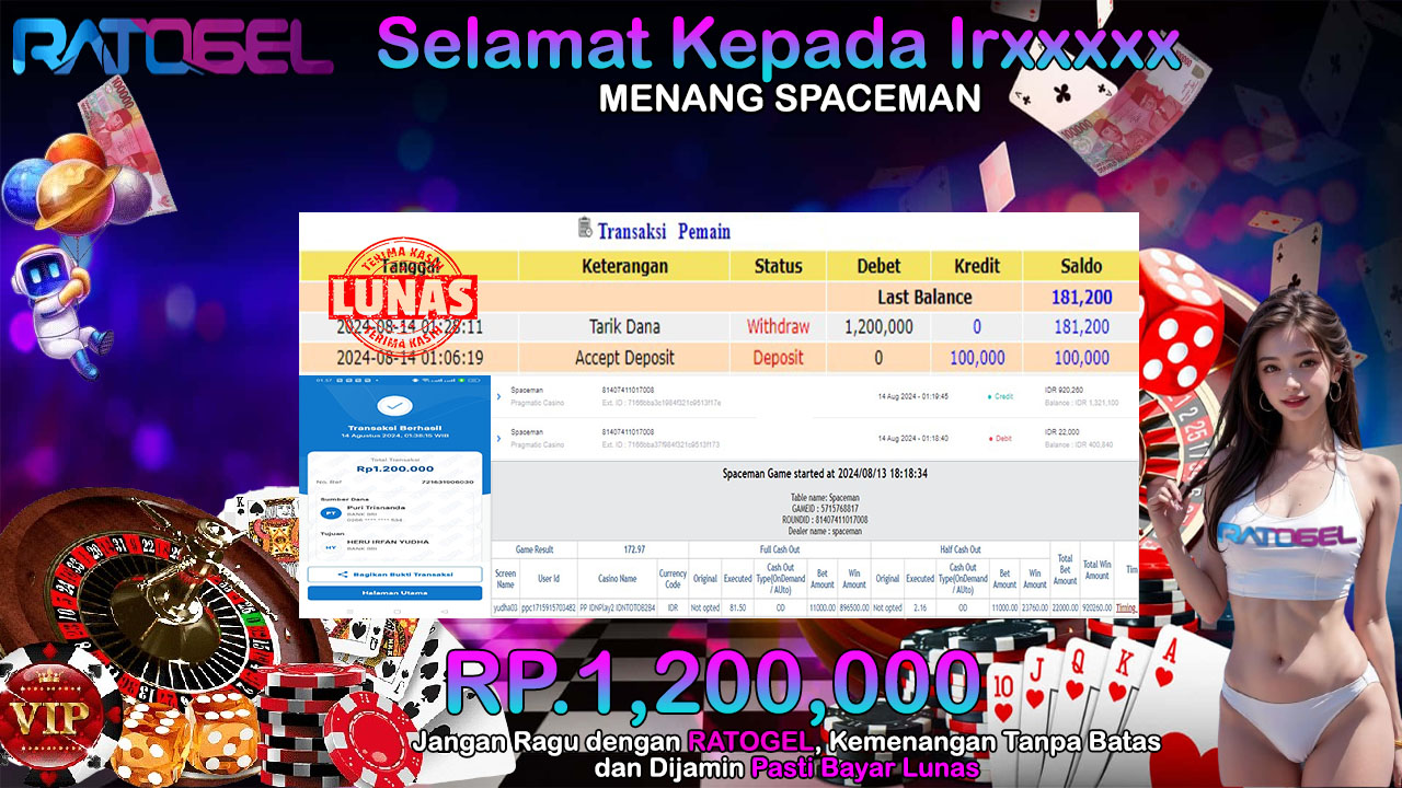 BUKTI JACKPOT SPACEMAN TERPERCAYA DI INDONESIA TGL 14-08-2024