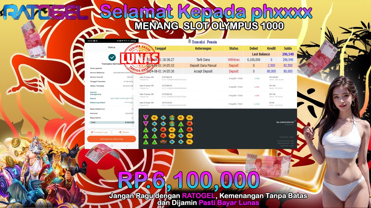 BUKTI JACKPOT SLOT GATES OF OLYMPUS 1000  TERPERCAYA DI INDONESIA TGL 01-08-2024