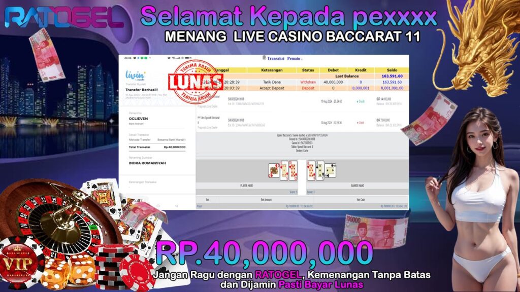 BUKTI JACKPOT LIVE CASINO BACCARAT 11 TERPERCAYA DI INDONESIA TGL 10-08-2024