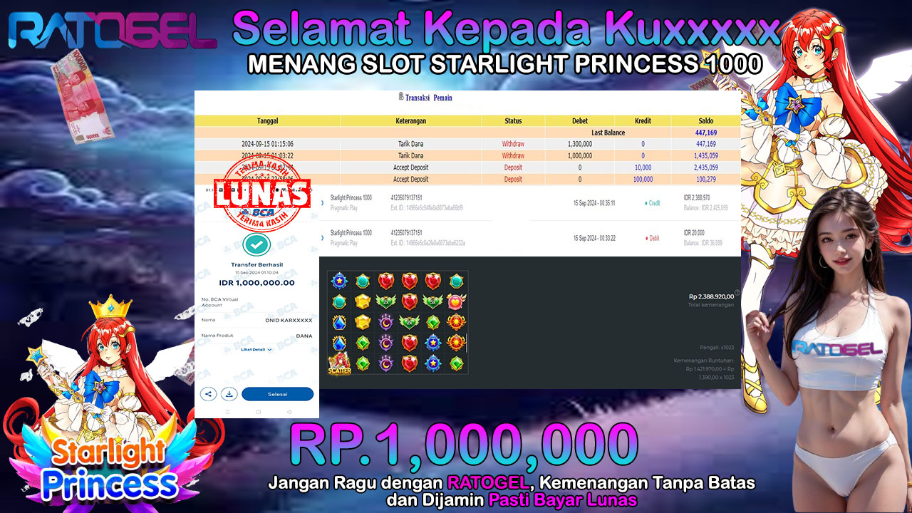 BUKTI JACKPOT SLOT STARLIGHT PRINCESS 1000 TERPERCAYA DI INDONESIA TGL 15-09-2024