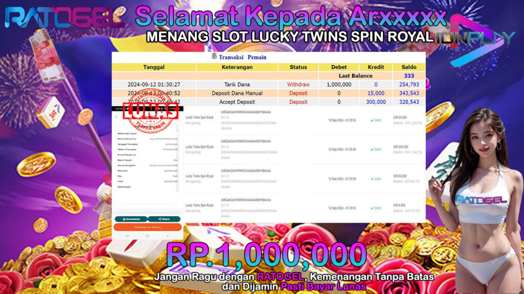 BUKTI JACKPOT SLOT LUCKY TWINS SPIN ROYAL TERPERCAYA DI INDONESIA TGL 12-09-2024